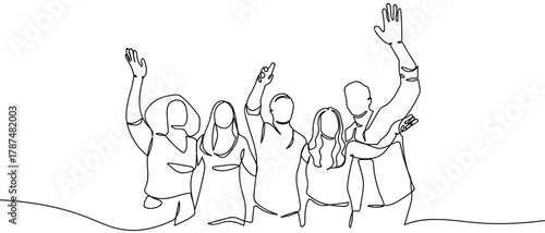 Group of teenagers at a party, one continuous line. Minimalist linear design. Editable stroke.
