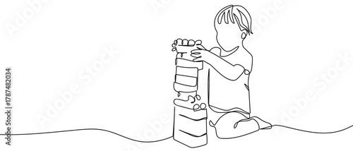 A small child is building a toy block, one line continuous. Minimalist linear design. Editable stroke.