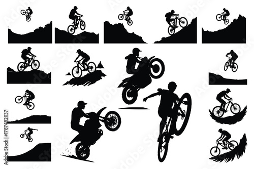 Black silhouettes of cyclists performing stunts on bicycles and motorcycles