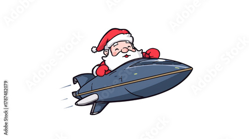 A cheerful Santa soars through the sky riding a blue rocket on a whimsical Christmas adventure
