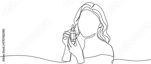 Woman holding a bottle of serum, skin care, one line continuously Minimalist linear design. Editable stroke.