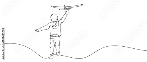 Boy playing with model airplane, toy, one continuous line. Minimalist linear design. Editable stroke.