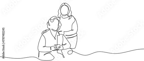Grandmother and granddaughter, one continuous line Minimalist linear design. Editable stroke.