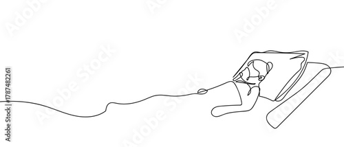 The patient lies on the hospital bed, one continuous line. Minimalist linear design. Editable stroke.