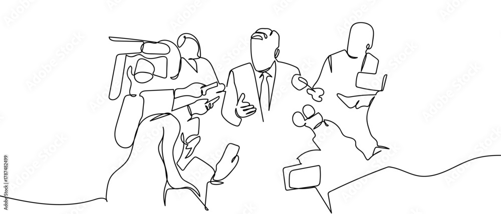 Fototapeta premium One continuous press conference Minimalist linear design. Editable stroke.