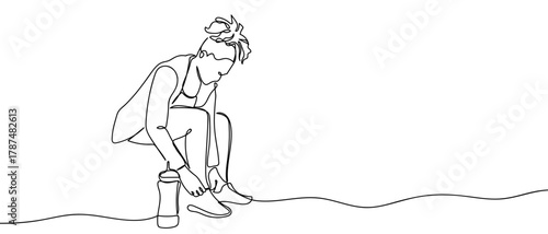 A woman is tying one continuous shoelace for exercise. Minimalist linear design. Editable stroke.