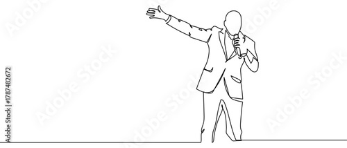 Business people speak on stage, one continuous line Minimalist linear design. Editable stroke.