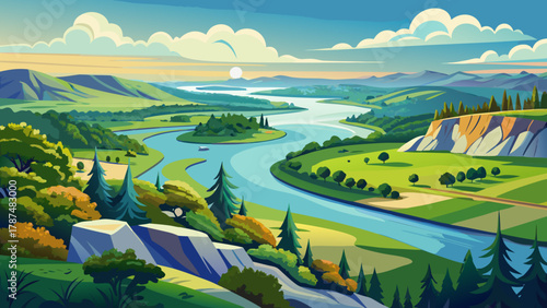 Very beautiful panoramic view of the Mississippi River winding through a lush green landscape, featuring calm reflective water, rolling terrain, and a realistic serene natural atmosphere with open cop