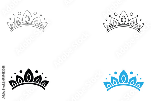 Regal Princess Tiara Crown Symbol vector icon, royal tiaras king and queen headpiece vector, silhouette and line art