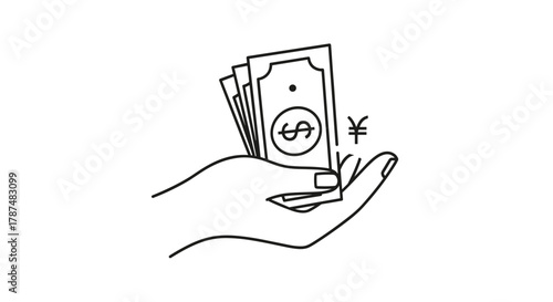 Hand offering stack of dollar bills and yen symbol representing global finance and currency exchange transactions, Generative AI