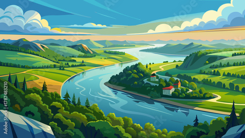 Very beautiful panoramic view of the Mississippi River winding through a lush green landscape, featuring calm reflective water, rolling terrain, and a realistic serene natural atmosphere with open cop