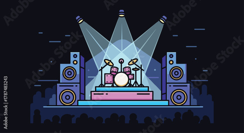 Dynamic concert stage setup with vibrant drum kit spotlights and powerful speakers ready for an electrifying performance, Generative AI