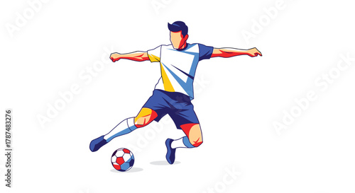 Dynamic soccer player in action skillfully kicking a vibrant ball capturing the thrill of the game with bold modern graphics and energetic movement, Generative AI