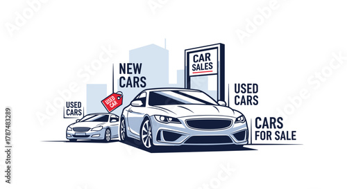 Dynamic car dealership scene showcasing new and used vehicles with prominent 'Car Sales' signage for ultimate buyer appeal, Generative AI