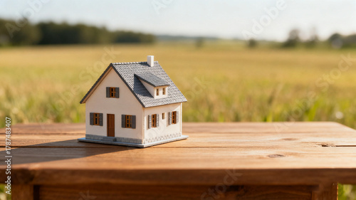 Dream house model on a wooden table in an open field, symbolizing simplicity and aspiration.