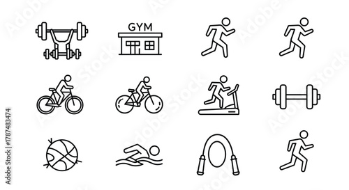 Dynamic fitness icons capture active lifestyles showing gym running cycling swimming weightlifting and cardio for health and wellness themes, Generative AI