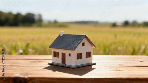 Dream house model on a wooden table in an open field, symbolizing simplicity and aspiration.