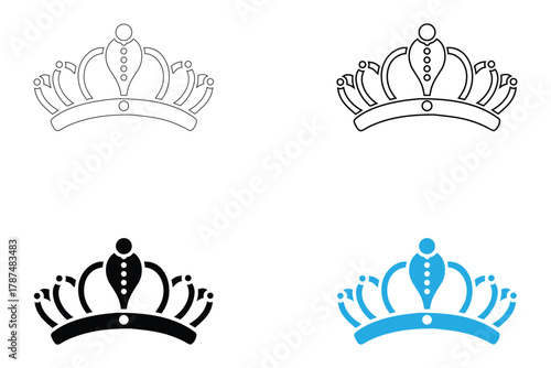 Regal Princess Tiara Crown Symbol vector icon, royal tiaras king and queen headpiece vector, silhouette and line art