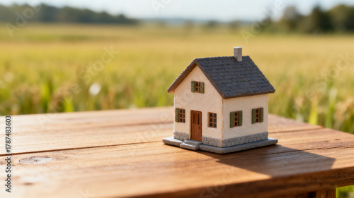 Dream house model on a wooden table in an open field, symbolizing simplicity and aspiration.