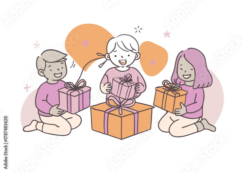 Children Opening Christmas Gifts Excitedly at Home