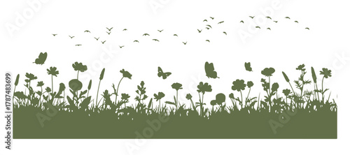 Outline of a field with a backdrop and birds soaring, along with a butterfly and a blooming plant