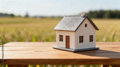 Dream house model on a wooden table in an open field, symbolizing simplicity and aspiration.