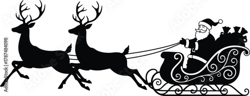 Santa Claus silhouette in ornate sleigh holding reins, two reindeer mid-leap, sack of gifts, swirling scrollwork, classic Christmas night scene