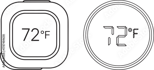 Geometric Outline Icons of Thermostats, Square and Round, with Temperature