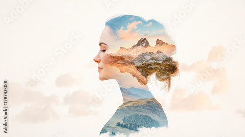 Serene woman profile with double exposure of mountain landscape and sky, blending nature and human calmness in artistic style