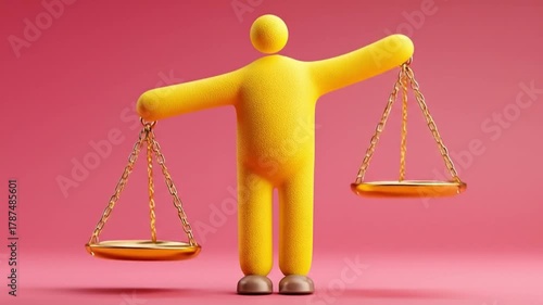 Yellow figure holding balance scales against pink background