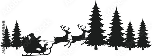 Santa Claus silhouette sleigh flying reindeer Christmas forest pine trees festive holiday illustration seasonal winter celebration magical gift delivery scene