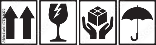 Fragile box and glass parcel warning icon vector signs. Fragile Handle with Care Sticker or label Collection. Labels for logistics and delivery shipping.