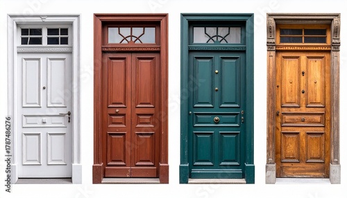 Four distinct front doors in gray, wood, blue, and green with transom windows and stone framing