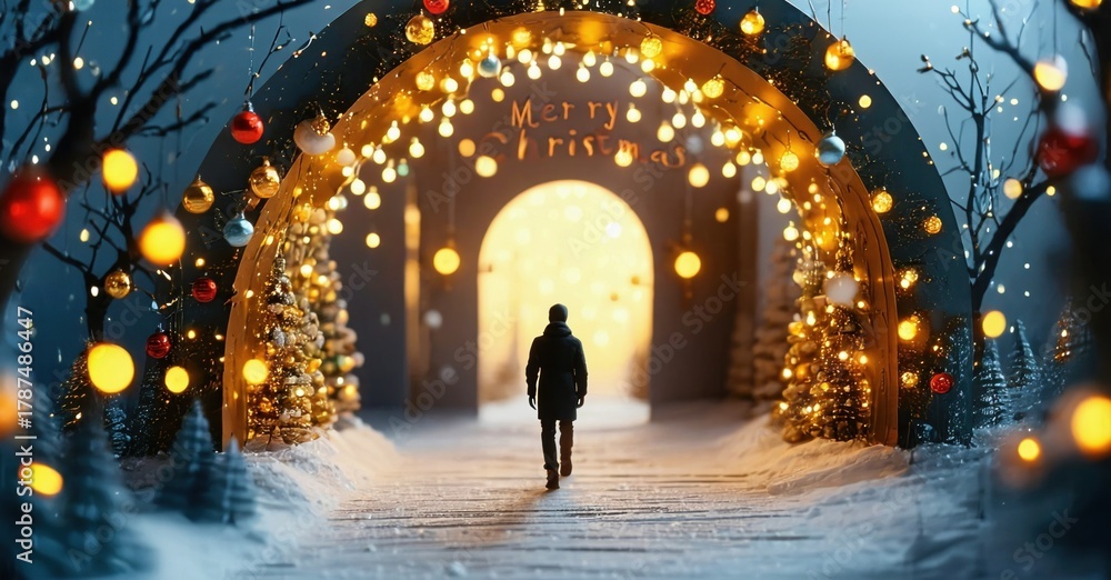 Fototapeta premium Lone figure walks toward bright archway decorated with festive lights, trees, snow. Winter scene evokes holiday spirit, warmth.