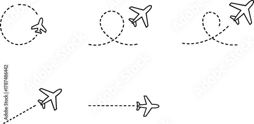 Airplane, flight, path, silhouette, dashed, line, loop, maneuver, aviation, travel, motion, black, white, minimal, direction, vector, icon, flying, sky, illustration
