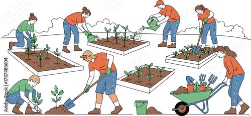 Community, garden, people, teamwork, planting, digging, watering, sustainability, outdoor, environment, raised, beds, tools, soil, collaboration, green, space, agriculture, activity, nature