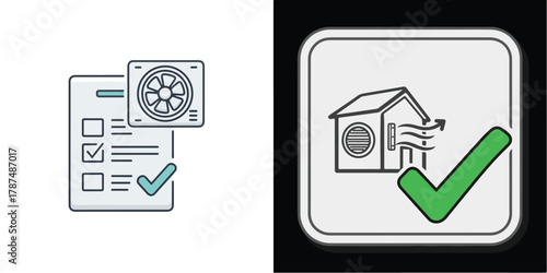 Flat Line Icons: Ventilation Checklist and Home Air Conditioning Approved