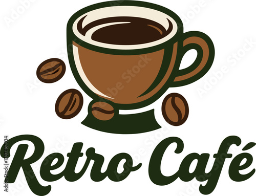 Retro Cafe Coffee Cup Logo – Vintage Vector Mug with Coffee Beans for Classic Cafe Branding