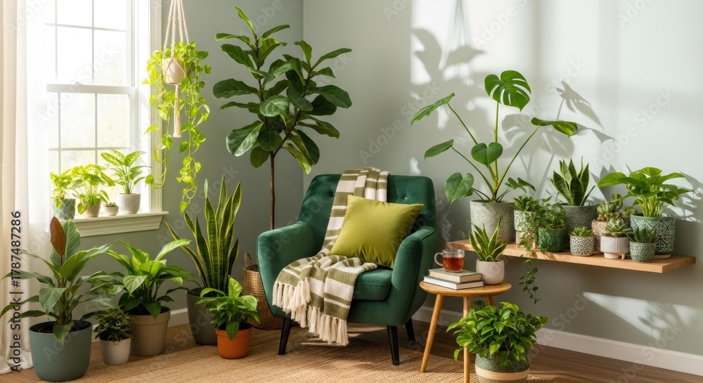 Fototapeta premium Cozy minimal living room interior with green armchair and many houseplant. Bright sunbeam and plant shadows on the wall. Minimalist home design