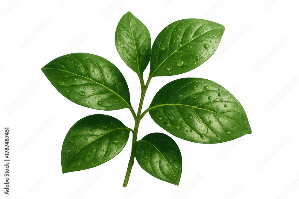 Fototapeta premium Fresh green basil leaves with clear water drops forming dew on transparent background, symbolizing nature and vitality