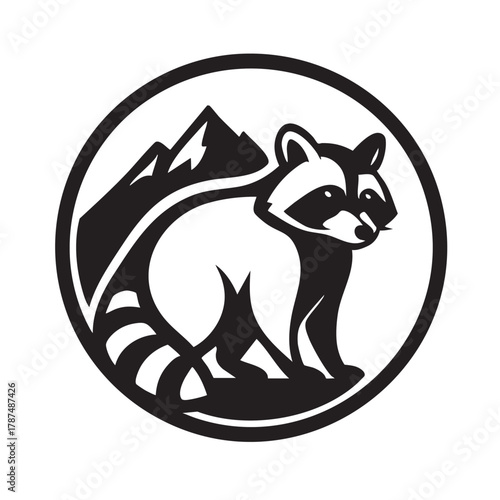 Black and white raccoon and mountain logo inside a circle animal mountains