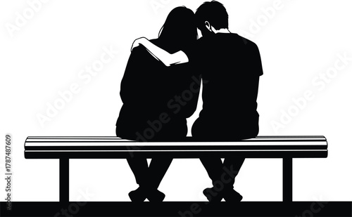 Silhouette, couple, sitting, bench, comfort, affection, minimalist, black, white, love, support, intimacy, together, posture, emotion, closeness, peaceful, quiet, connection, companionship