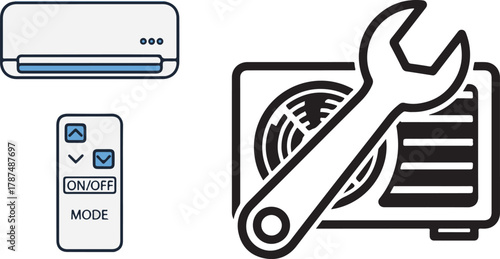 Flat Line Air Conditioner, Remote, and Bold Repair Service Icons