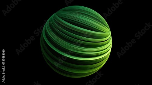 Abstract Green Sphere with Striped Textures on Black Background