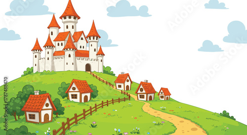 Storybook castle on grassy hill with red-roofed towers and cottages, winding path, wildflowers, wooden fence, bright cloudy sky, whimsical fantasy