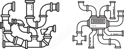 Outline Vector Illustration of Complex Pipework and Connections