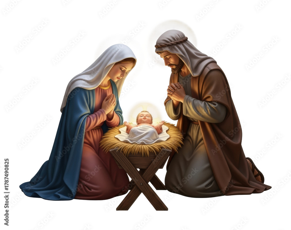 Fototapeta premium Nativity scene of baby jesus family digital christmas isolated on transparent background