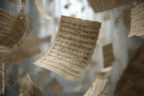 Vintage music sheets flying in air with dramatic lighting
