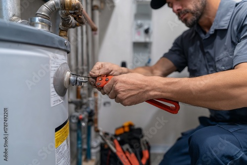 Plumber repairing water heater with wrench in utility room
