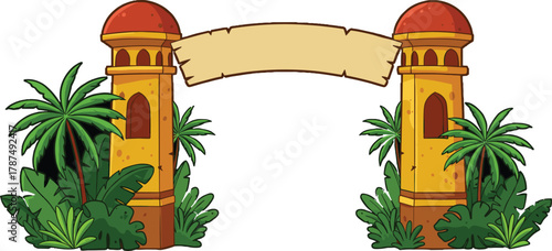 Decorative archway with twin towers, domed tops, tropical plants, palm trees, blank banner, exotic cartoon illustration for festive design